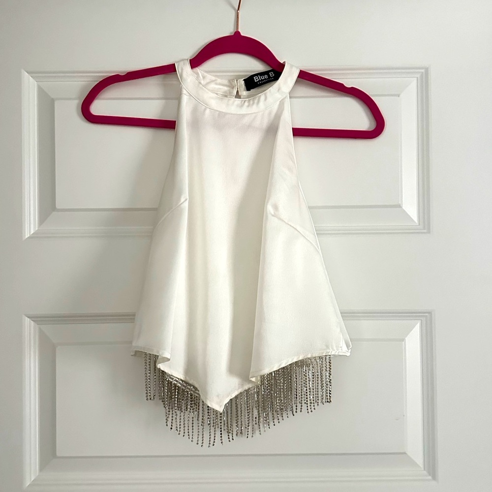 Blue B White satin rhinestone fringe top